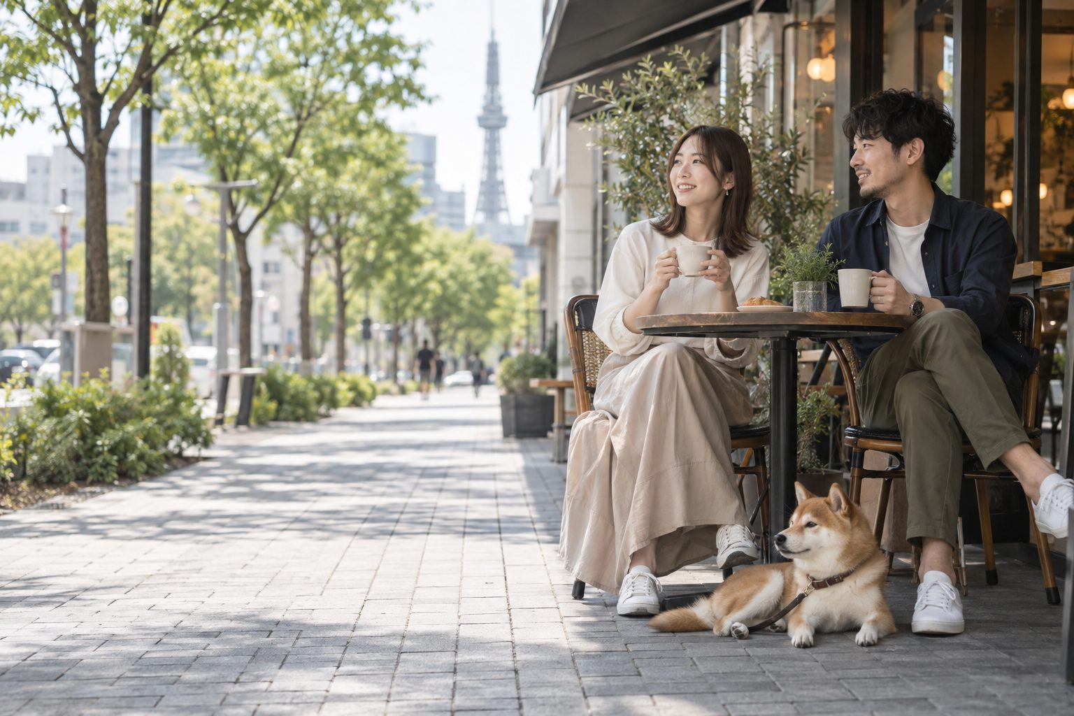 カフェのテラス席で柴犬とくつろぐふたり