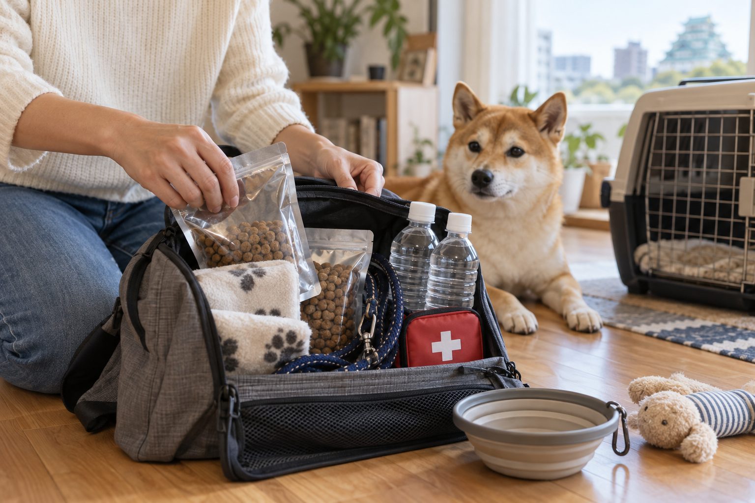 ペット用の防災グッズを準備する手元